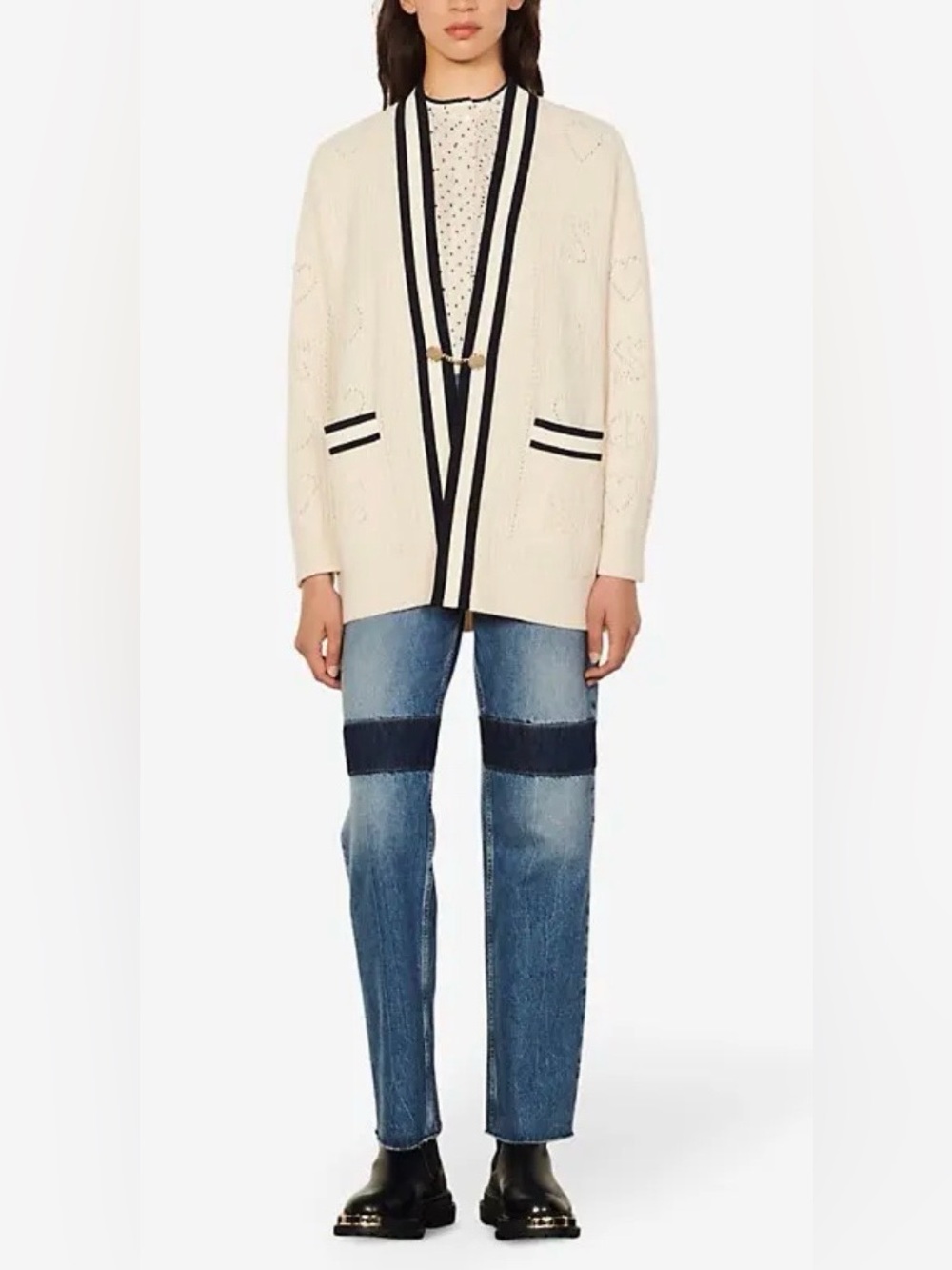 Sandro Erwan Long Cardigan-Coat with Pointelle Knit Size 2 - Picture 2 of 16